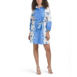 Celina Moon Shell Print Long Sleeve Belted Shirt Dress Blue White Size Medium